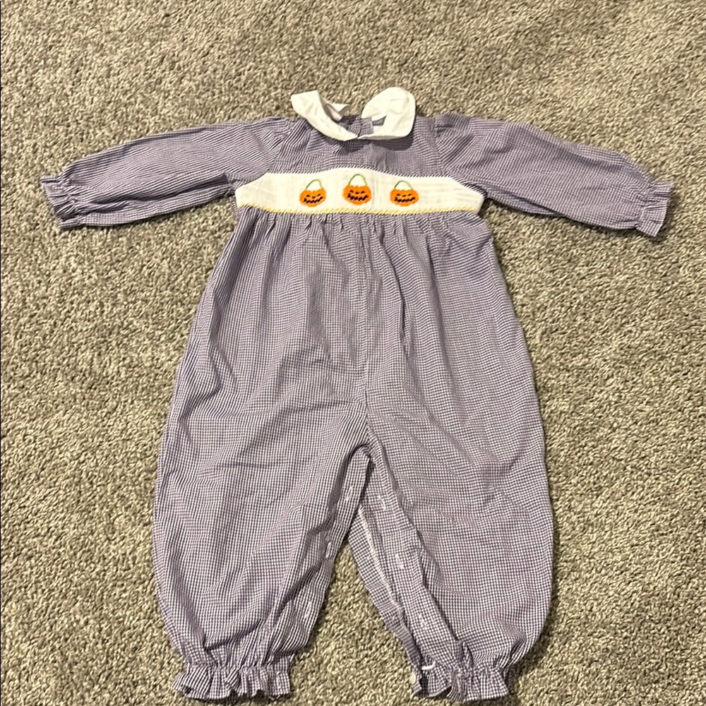 Purple Gingham Baby Romper with Pumpkin Embroidery